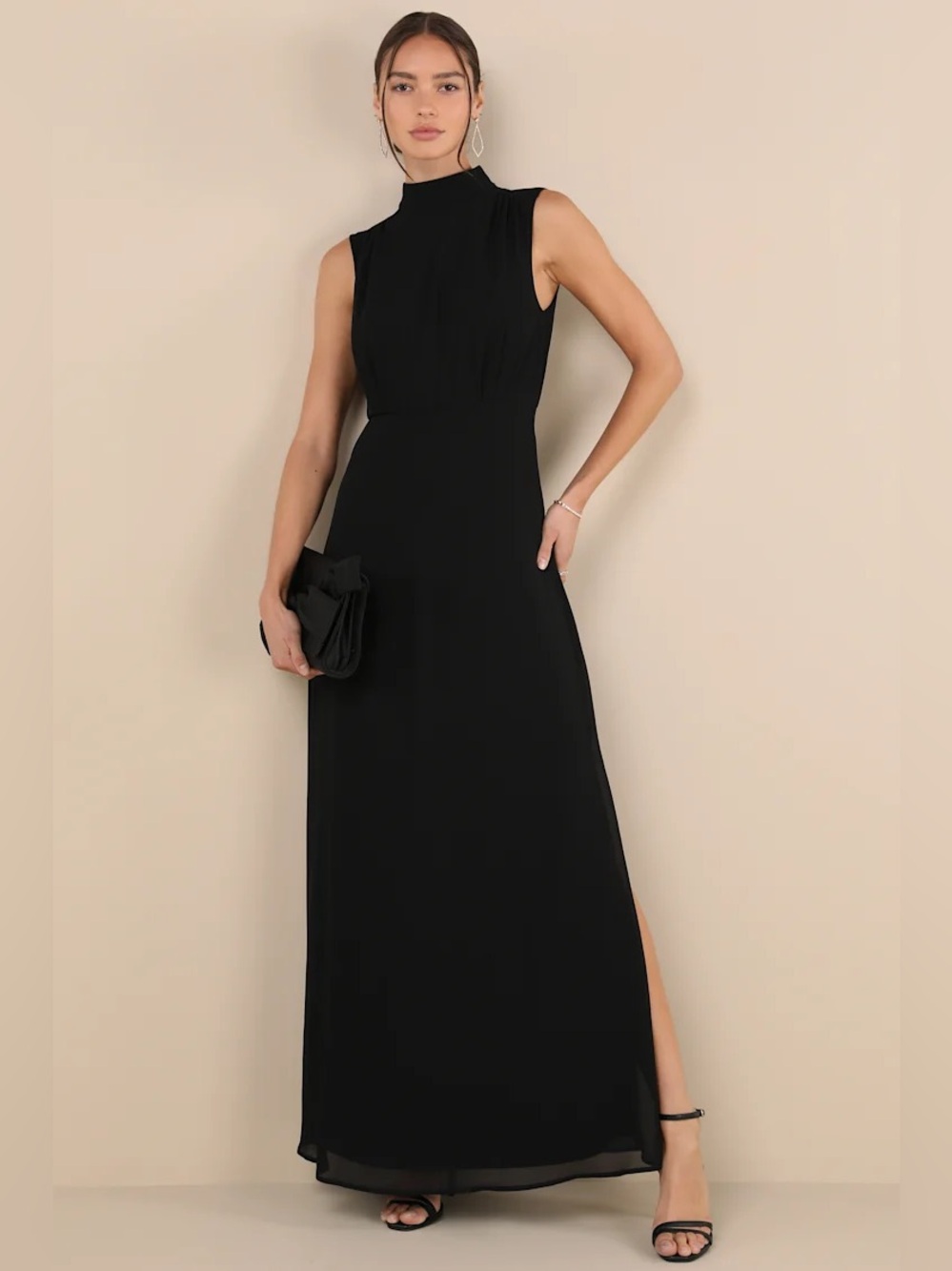 Lulus Classic Elegance Black Chiffon Sleeveless Mock Neck Maxi Dress Size M NWT